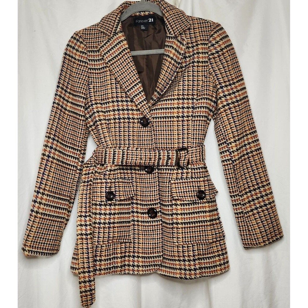 Plaid Wool Pea Coat S Orange Black Belted Winter Jacket Preppy Statement Blazer